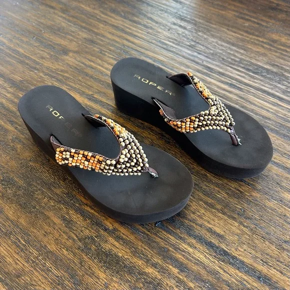 Roper VTG Y2K Brown Island Girl Tropical Orange Beaded Platform Sandals 5.5/6 - Picture 3 of 6